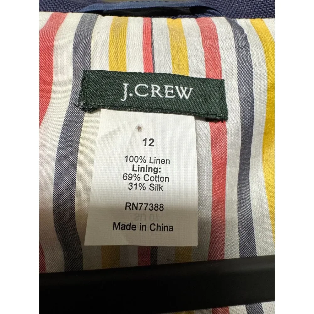 J. CREW 100% Linen Nautical Navy Blue Sailor Style Blazer, Silk/Cotton Lining 12
